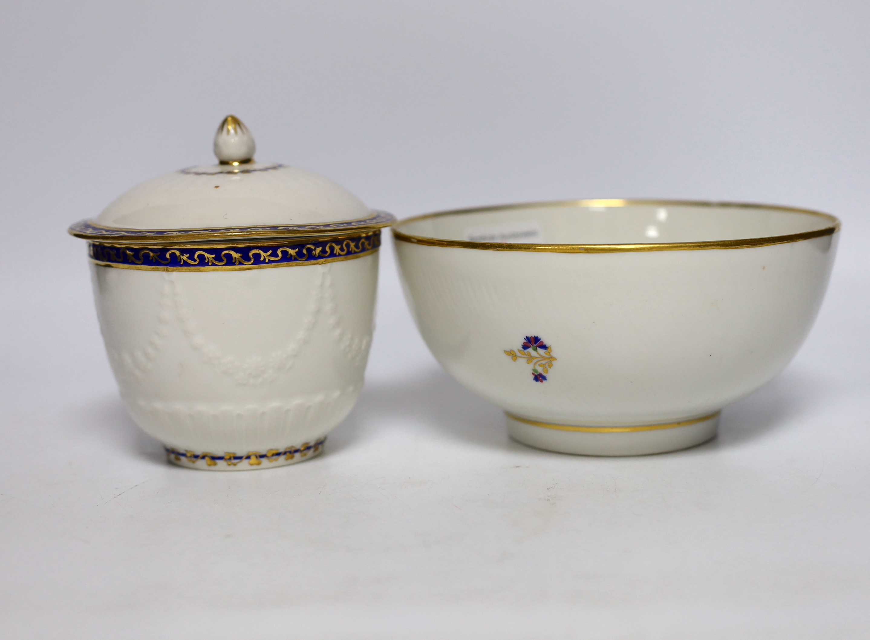 A Crown Derby bowl and another with cover, both with puce marks, 6.5cm